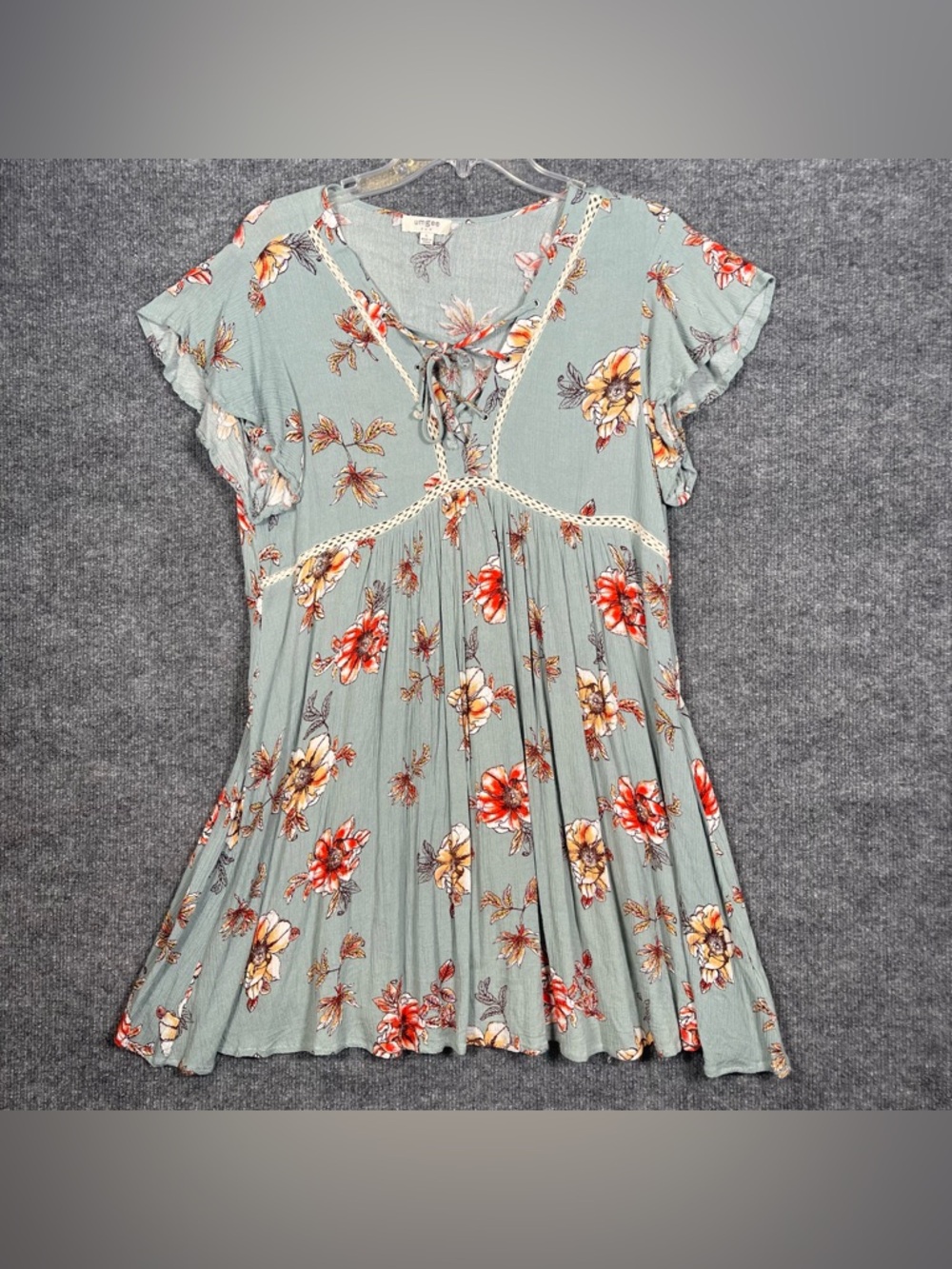 Umgee Womens Large Green Floral Cross‎ Tie VNeck Babydoll Mini Dress 90s Y2K